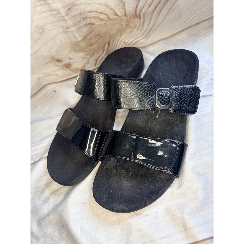 Vionic Orthaheel Sandals Womens 8 Black Patent Slide Comfort Adjustable Casual‎